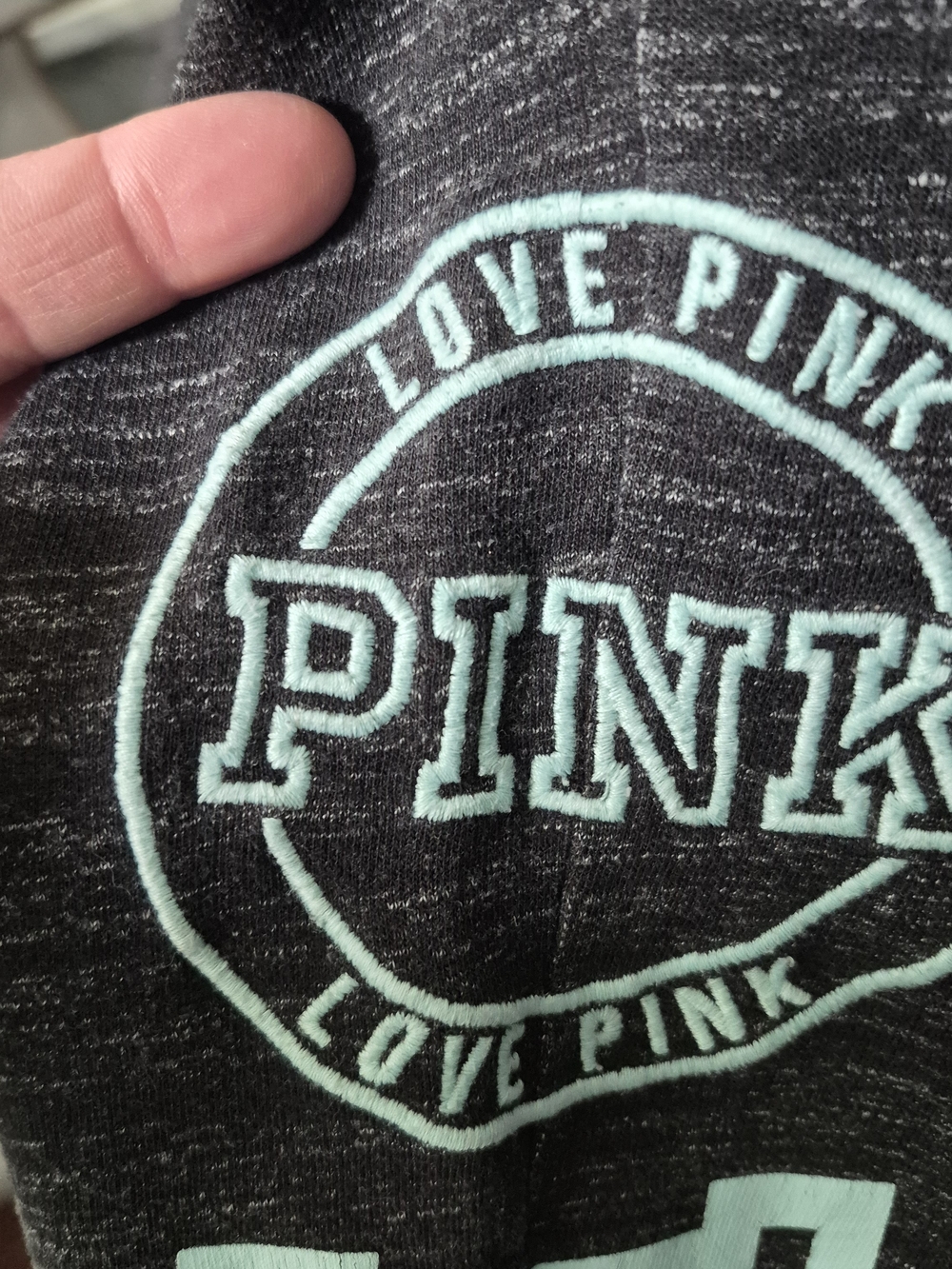 PINK Victoria's Secret Sz L Heather Black Jogger Bottoms with Aqua Logo - Picture 2 of 7